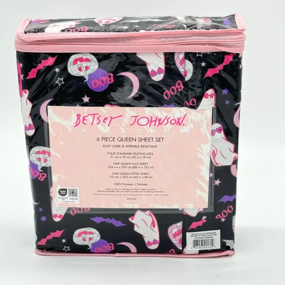 Betsey Johnson Boo Party QUEEN Sheet Set Ghosts Disco Pumpkins Bats Pink Black